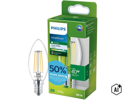 Philips LED Kerzenlampe E14 2,3 Watt entspricht 40 Watt 485 Lumen 4000 Kelvin UltraEfficient (Image AI modified or generated)