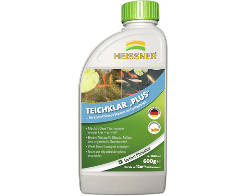 Heissner Teichklar Plus Wasseraufbereiter 1000 Milliliter für 12 Kubikmeter Teichwasser zur Klärung von trübem Wasser im Gartenteich.