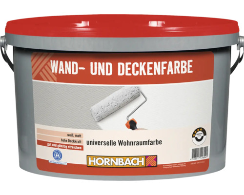 Eimer Hornbach Wand- und Deckenfarbe, matte Innenfarbe in Weiss mit hoher Deckkraft fuer Wohnraeume, inklusive Blauer Engel Zertifikat.