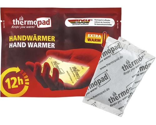 Thermopad Handwärmer mit 12 Stunden Wärmedauer in der Verpackung inklusive ausgepacktem Handwärmer.