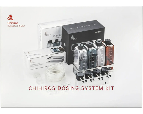 Chihiros Dosiersystem Set für Aquarien mit Dosierpumpe, vier Flüssigkeitsbehältern, Halterung, Schläuchen und Zubehör in der Produktverpackung.