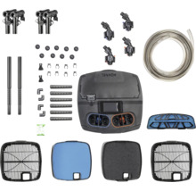 Aquael Außenfilter Set mit Filtermedien, Schläuchen, Anschlüssen und Filtergehäusekomponenten für Aquarien.