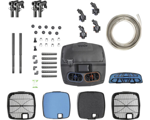 Aquael Außenfilter Set mit Filtermedien, Schläuchen, Anschlüssen und Filtergehäusekomponenten für Aquarien.