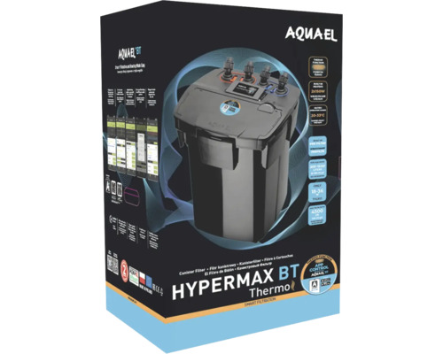 Aquael Hypermax BT Thermo Außenfilter für Aquarien mit App Steuerung und Heizfunktion in der Produktverpackung