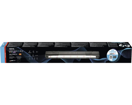 Aquael Leddy Slim BT 26 Watt Aquariumleuchte in der Verpackung mit App Steuerung und technischer Spezifikation.