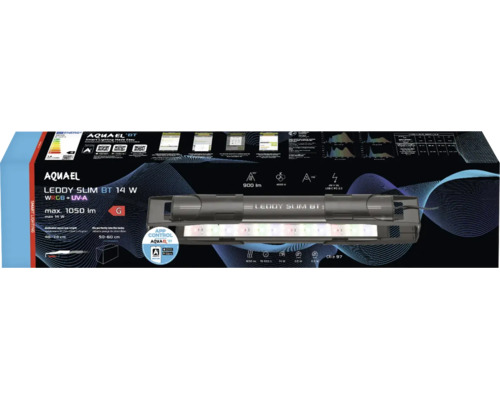 Aquael Leddy Slim BT LED Aquariumleuchte 14 Watt mit App Steuerung und WRGB plus UV-A Spektrum auf Produktverpackung