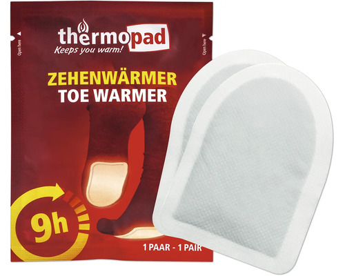 Thermopad Zehenwärmer Einweg-Wärmekissen für neun Stunden Wärmedauer, ein Paar in der Verpackung.