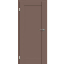 Moderne Innentür mit glatter Oberfläche und einer horizontalen Querstrebe oben und unten inklusive Türdrücker und Türbänder.
