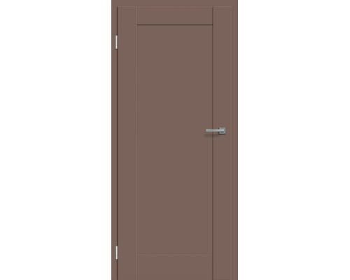Moderne Innentür mit glatter Oberfläche und einer horizontalen Querstrebe oben und unten inklusive Türdrücker und Türbänder.