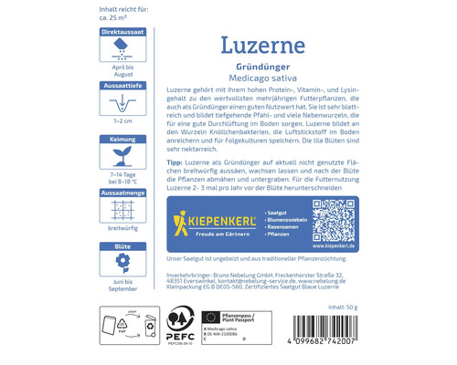 Saatgut Packung Luzerne Gruenduenger von Kiepenkerl zur Aussaat von Medicago sativa inklusive Informationen zu Anbau und Pflege auf der Rueckseite.