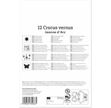 Rückseite der Verpackung von Crocus vernus Jeanne d Arc Blumenzwiebeln mit Pflanzanleitung und Informationen zur Entsorgung.