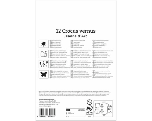 Rückseite der Verpackung von Crocus vernus Jeanne d Arc Blumenzwiebeln mit Pflanzanleitung und Informationen zur Entsorgung.
