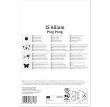 Rückseite der Produktverpackung für Allium Ping Pong Zwiebeln mit Pflanzanleitung, Symbolen und Entsorgungshinweisen.