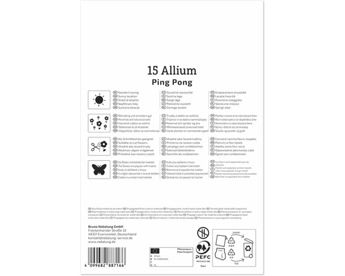 Rückseite der Produktverpackung für Allium Ping Pong Zwiebeln mit Pflanzanleitung, Symbolen und Entsorgungshinweisen.