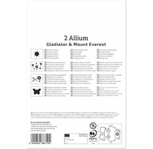 Informationen und Pflanzanleitung für zwei Allium Sorten Gladiator und Mount Everest mit Symbolen für Standort sowie Insektenfreundlichkeit.