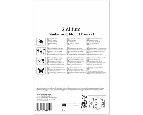 Informationen und Pflanzanleitung für zwei Allium Sorten Gladiator und Mount Everest mit Symbolen für Standort sowie Insektenfreundlichkeit.