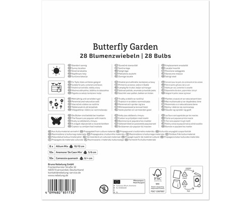 Rückseite der Verpackung für Butterfly Garden Blumenzwiebeln mit Pflanzinformationen Inhaltsangabe und Herstellerangaben