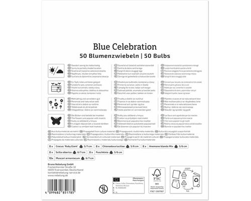 Rückseite einer Produktverpackung für Blue Celebration Blumenzwiebeln mit Pflanzinformationen und Inhalt der Mischung.