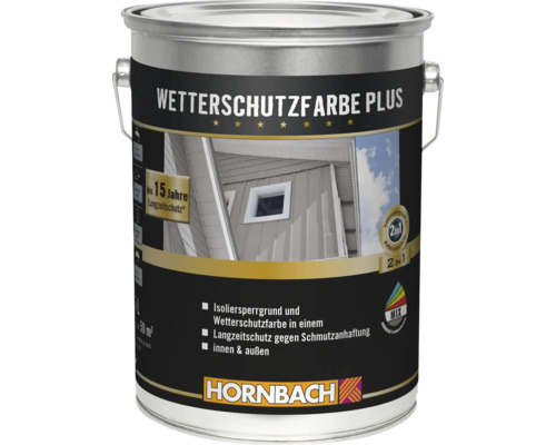 Eine Dose Hornbach Wetterschutzfarbe Plus für den Innen und Außenbereich mit Langzeitschutz und Isoliersperrgrund.
