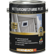 Eine Dose Hornbach Wetterschutzfarbe Plus mit Isoliersperrgrund und Wetterschutzfarbe in einem Produkt für bis zu 15 Jahre Langzeitschutz.