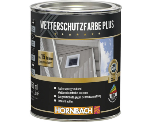 Dose Hornbach Wetterschutzfarbe Plus für innen und außen mit 15 Jahren Langzeitschutz.