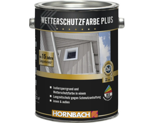 Eine Dose Hornbach Wetterschutzfarbe Plus für innen und außen mit 15 Jahren Langzeitschutz und Isoliersperrgrund.
