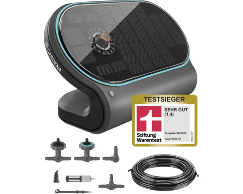 Gardena Solar Bewässerungsset AquaBloom mit Steuereinheit, Schlauch und Tropfern inklusive Stiftung Warentest Testsieger Auszeichnung.