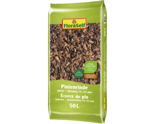 FloraSelf Pinienrinde mittel Körnung 15 bis 25 Millimeter 50 Liter Packung zur dekorativen Bodenabdeckung im Garten