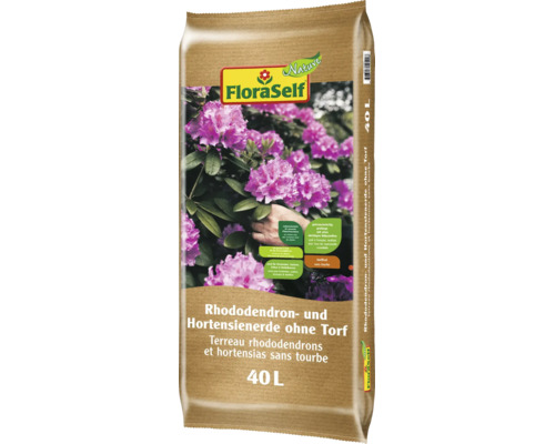 FloraSelf Rhododendron- und Hortensienerde ohne Torf, 40 Liter Sack mit Nährstoffen für Moorbeetpflanzen.