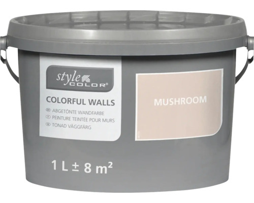 Eimer Style Color Colorful Walls Wandfarbe im Farbton Mushroom, Inhalt 1 Liter für circa 8 Quadratmeter.