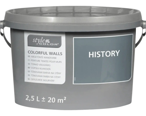 Kunststoffeimer mit 2,5 Liter abgetönter Wandfarbe von StyleColor in der Nuance History für circa 20 Quadratmeter Fläche.