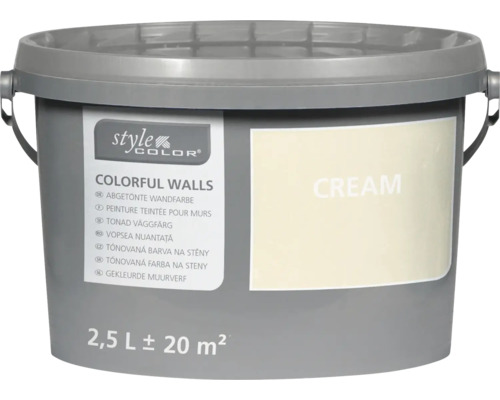 Eimer StyleColor Wandfarbe in der Farbnuance Creme für eine Reichweite von circa 20 Quadratmetern bei 2,5 Litern Inhalt.