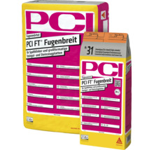 PCI FT Fugenmörtel für Spaltklinker sowie großformatige Steingut- und Steinzeugplatten, in zwei Packungsgrößen dargestellt.