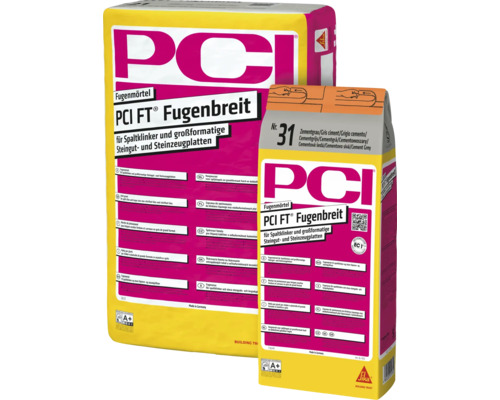 PCI FT Fugenmörtel für Spaltklinker sowie großformatige Steingut- und Steinzeugplatten, in zwei Packungsgrößen dargestellt.