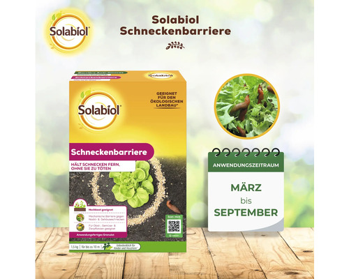 Solabiol Schneckenbarriere Granulat in der 1,5 Kilogramm Packung zum Schutz von Pflanzen vor Nackt- und Gehäuseschnecken im Garten.