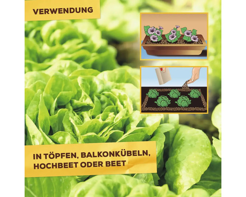 Anwendungshinweise zur Verwendung von Pflanzgranulat für Töpfe, Balkonkästen, Hochbeete und Gartenbeete mit illustrierten Beispielen.