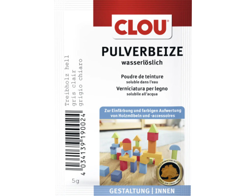 CLOU Pulverbeize Treibholz hell 5 Gramm wasserlösliches Holzbeizmittel für Holzmöbel und Holzaccessoires im Innenbereich
