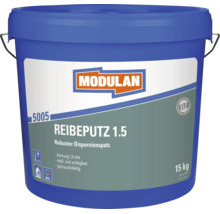 Modulan Reibeputz 1.5 in einem 15 Kilogramm Eimer, robuster und gebrauchsfertiger Dispersionsputz mit 1,5 Millimeter Körnung.