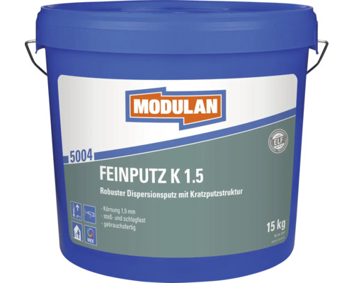Modulan Feinputz K 1.5 in einem 15 Kilogramm Eimer für eine robuste Dispersionsputz Struktur mit 1,5 Millimeter Körnung.