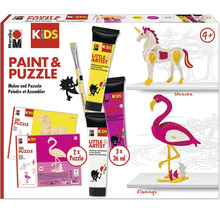 Marabu Kids Paint and Puzzle Set mit zwei 3D Puzzles Einhorn und Flamingo, Bastelfarben und Pinsel für Kinder ab vier Jahren.