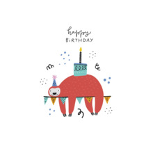 Geburtstagskarte mit einer Illustration eines Faultiers, das eine Geburtstagstorte auf dem Rücken trägt und eine Partyhütchen trägt.