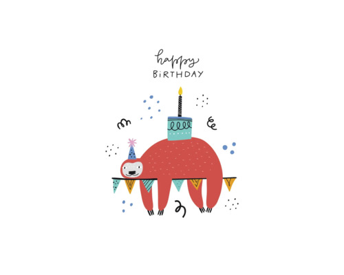 Geburtstagskarte mit einer Illustration eines Faultiers, das eine Geburtstagstorte auf dem Rücken trägt und eine Partyhütchen trägt.