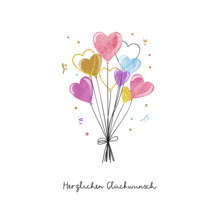 Grußkarte mit Illustration eines Ballonstraußes in Herzform und dem Schriftzug Herzlichen Glückwunsch