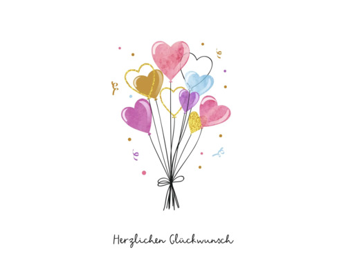 Grußkarte mit Illustration eines Ballonstraußes in Herzform und dem Schriftzug Herzlichen Glückwunsch