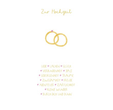 Glückwunschkarte Zur Hochzeit mit zwei ineinander verschlungenen Eheringen und einem Schriftzug mit emotionalen Begriffen