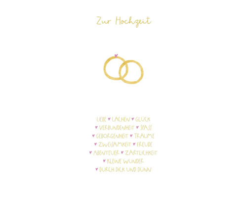 Glückwunschkarte Zur Hochzeit mit zwei ineinander verschlungenen Eheringen und einem Schriftzug mit emotionalen Begriffen