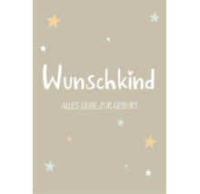 Glückwunschkarte zur Geburt mit der Aufschrift Wunschkind Alles Liebe zur Geburt und Sternenmotiven