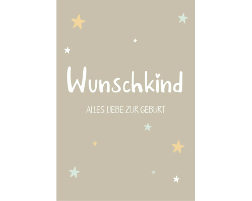 Glückwunschkarte zur Geburt mit der Aufschrift Wunschkind Alles Liebe zur Geburt und Sternenmotiven