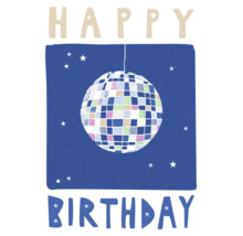 Geburtstagskarte mit einer Discokugel auf blauem Hintergrund mit Sternen und dem Schriftzug Happy Birthday.