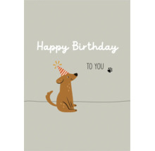 Geburtstagskarte mit einer Illustration eines sitzenden Hundes mit Partyhut und dem Schriftzug Happy Birthday to you